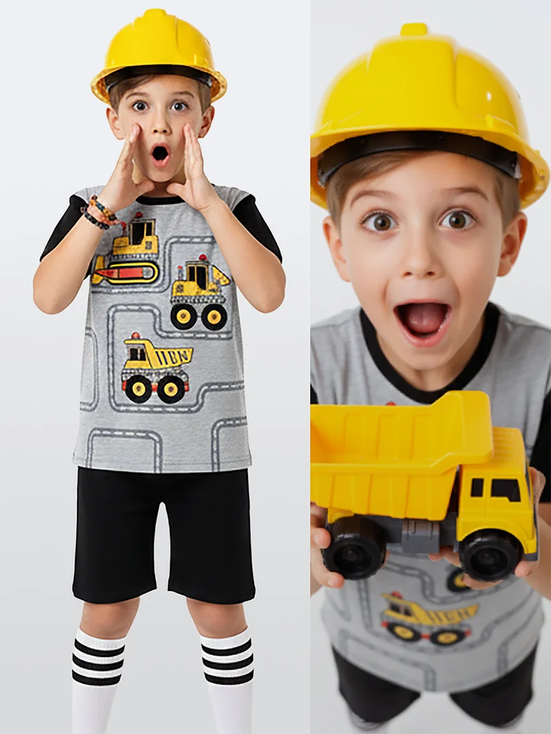 Denokids Boys Set Vehicle Printed T-shirt&Shorts